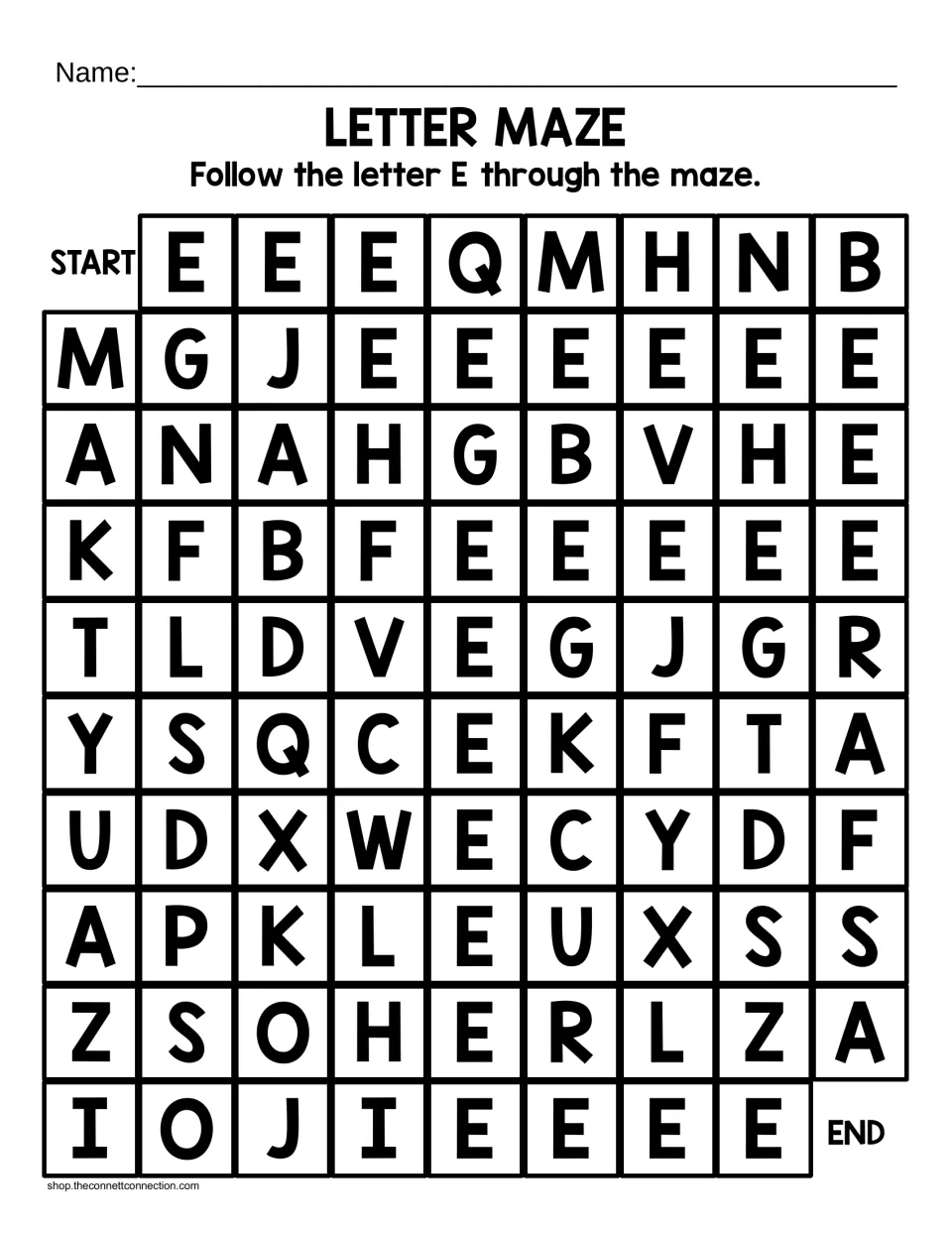 Uppercase letter E maze: students follow only the E tiles from START to END among mixed capital letters to recognize E