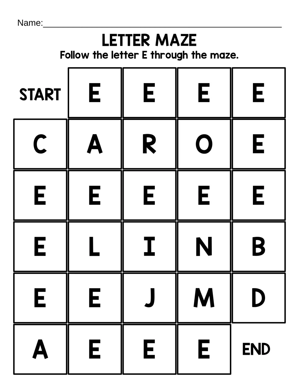 Large-print uppercase E maze: students trace a short path of big E tiles from START to END, skipping other letters