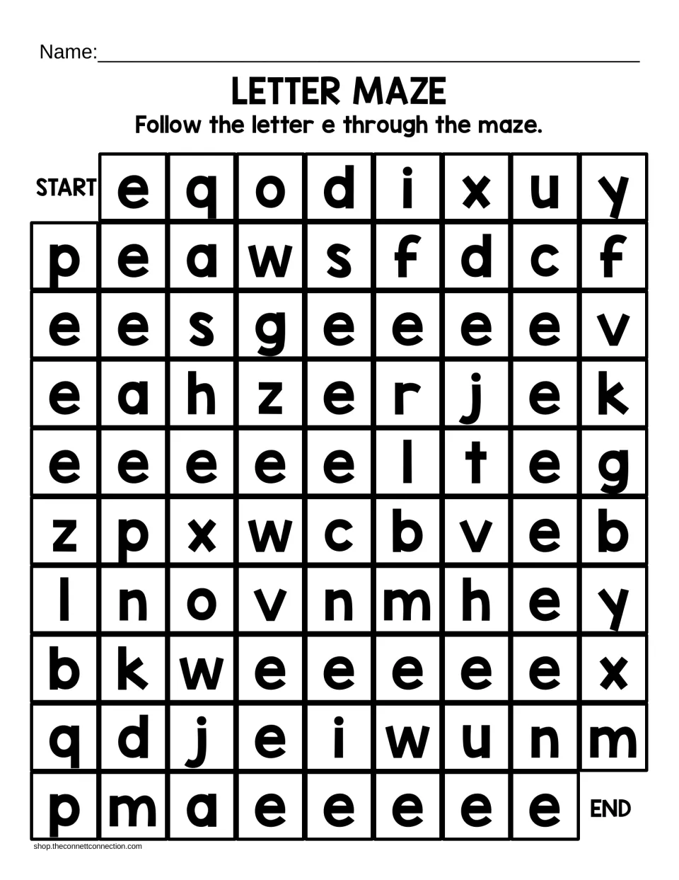 Lowercase letter e maze: students follow the e tiles from START to END through mixed lowercase letters like a, o and c