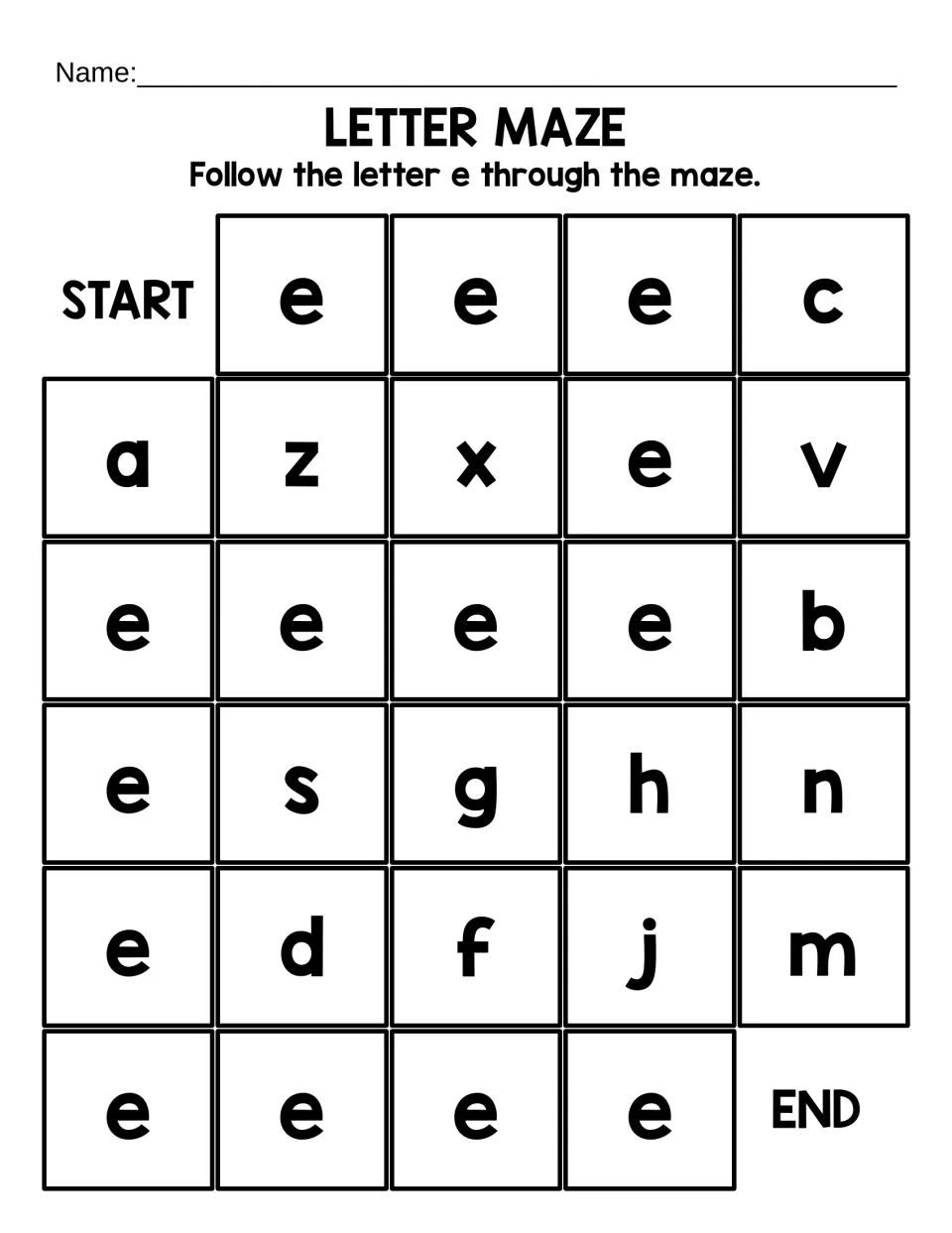 Large-print lowercase e maze: students trace a short path of big e tiles from START to END, passing letters like z, g and h