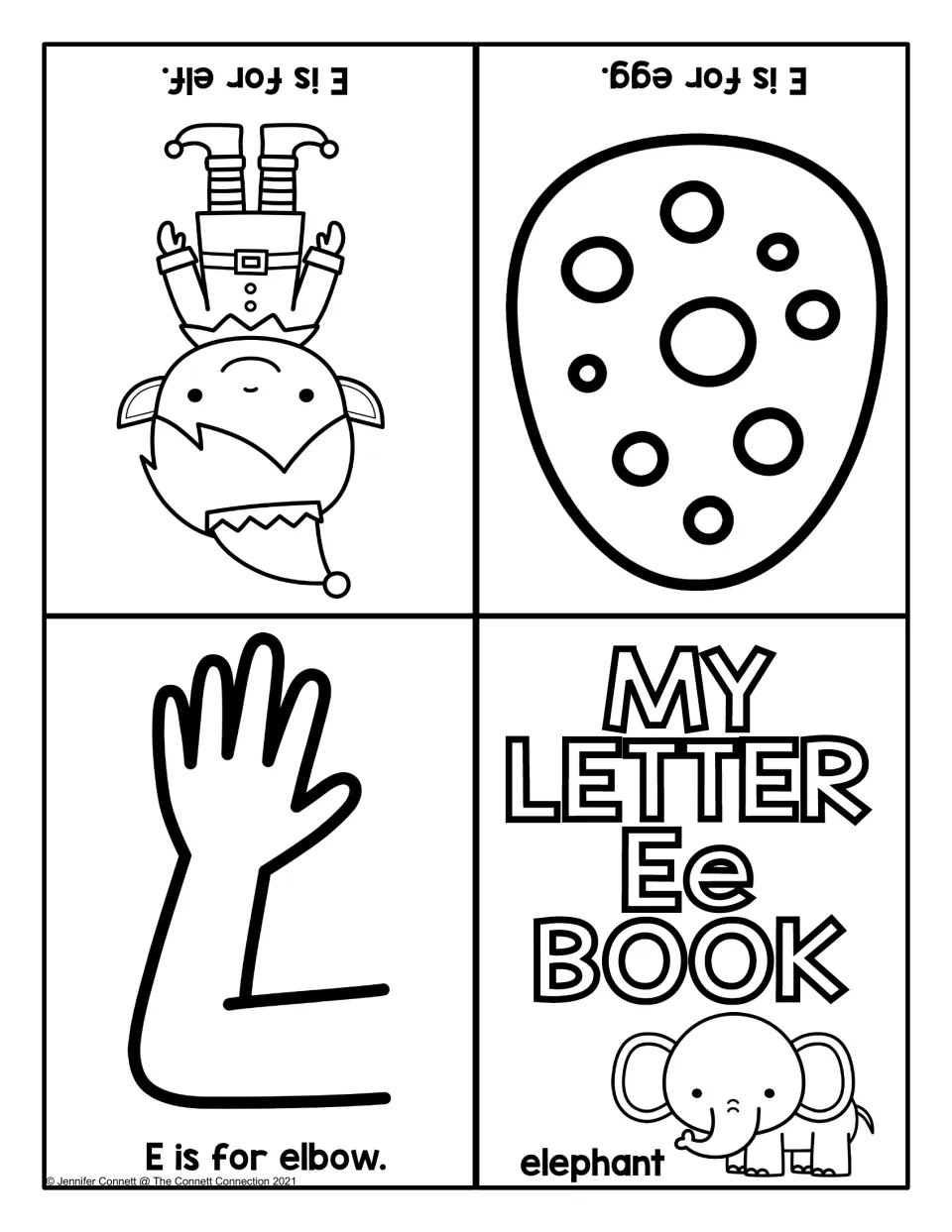 Letter Ee foldable book to color: elf, egg and elbow pages plus a My Letter Ee Book cover with an elephant