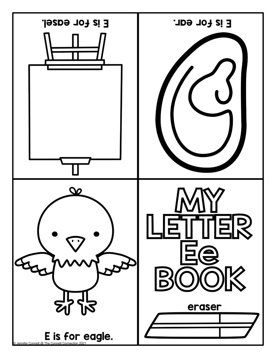 Second Ee mini book version to color: easel, ear and eagle pages, with an eraser pictured on the Ee book cover