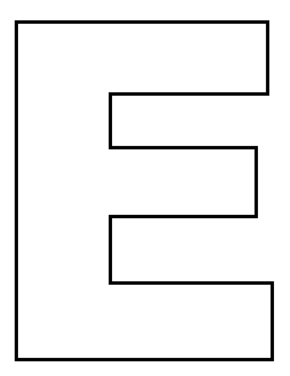 Uppercase E: a full-page capital E outline with square corners for students to color, cut out and decorate for a craft