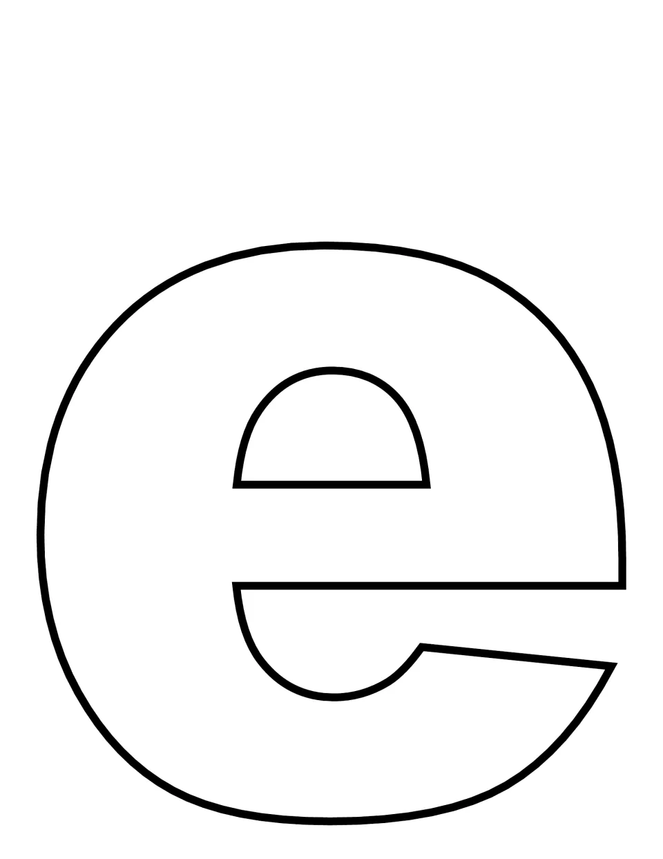 Lowercase e: a full-page rounded letter e outline with a straight crossbar, ready for students to trace, color or collage