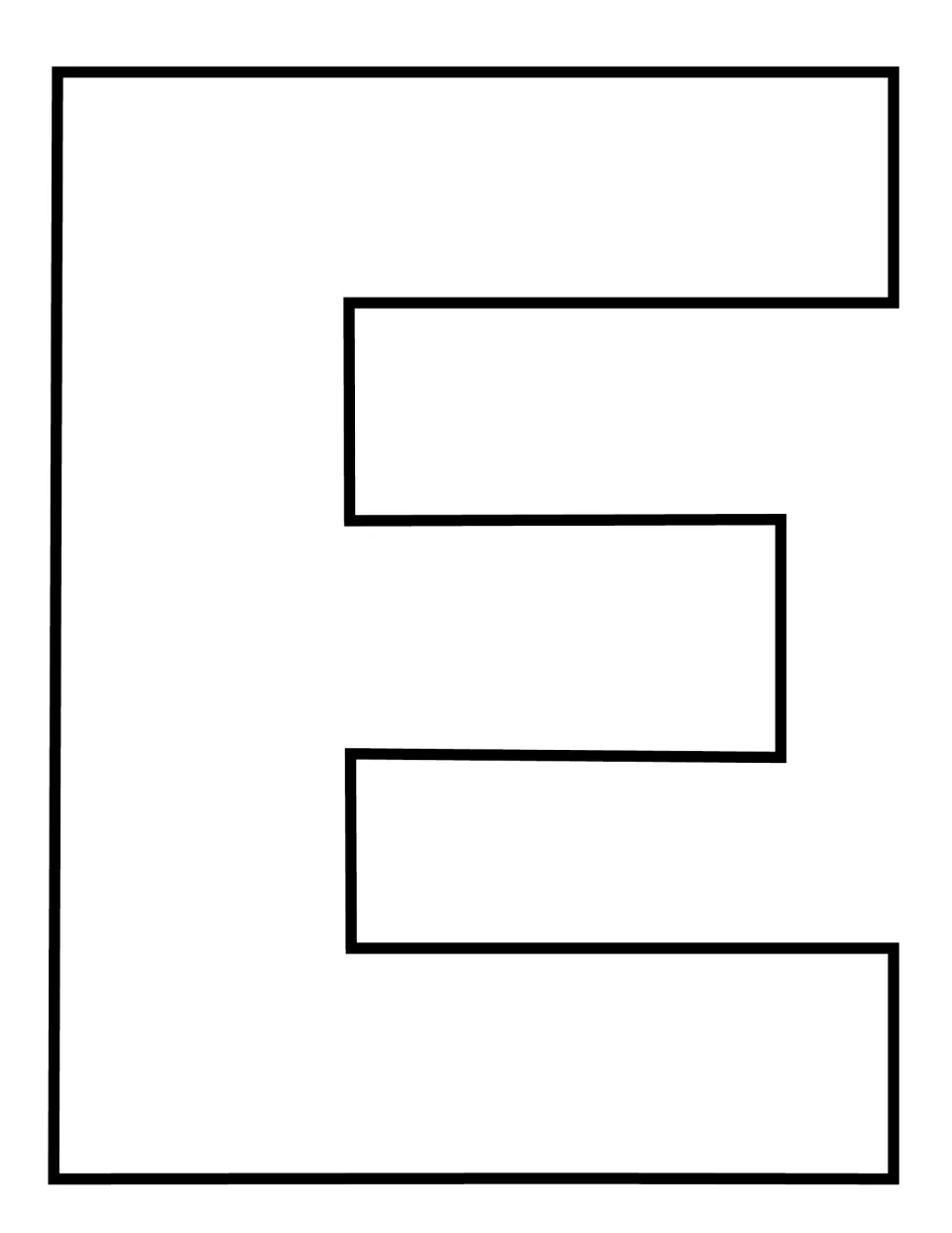 Capital E in a second style: a full-page outline with a shorter middle arm for students to fill with paint or torn paper