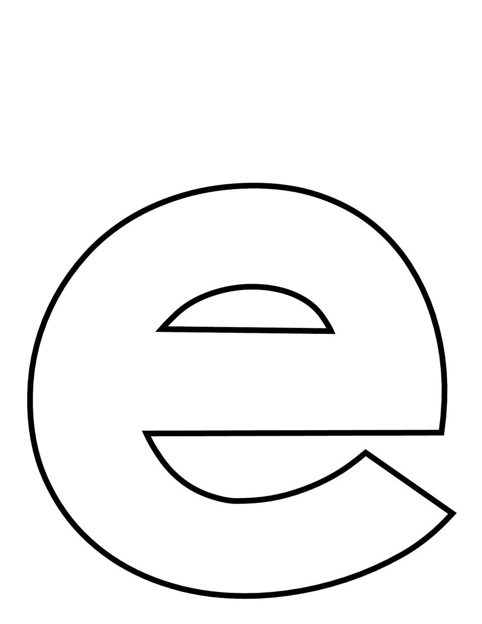 Lowercase e in a second style: a wide rounded e outline with a slanted tail for students to color, cut and decorate