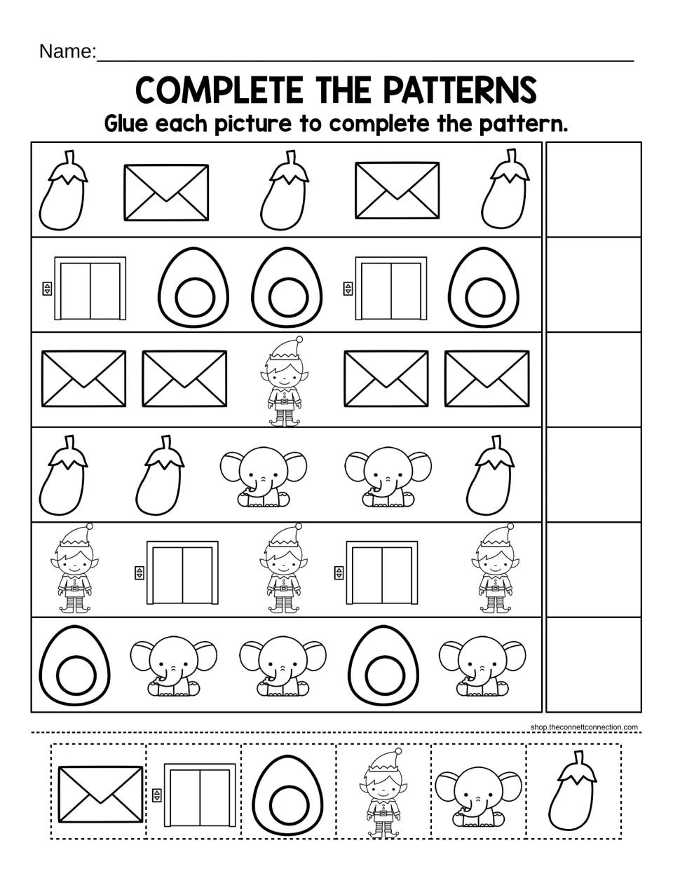 Complete the patterns: students cut out letter E pictures (egg, elf, elephant, envelope) and glue one to end each row