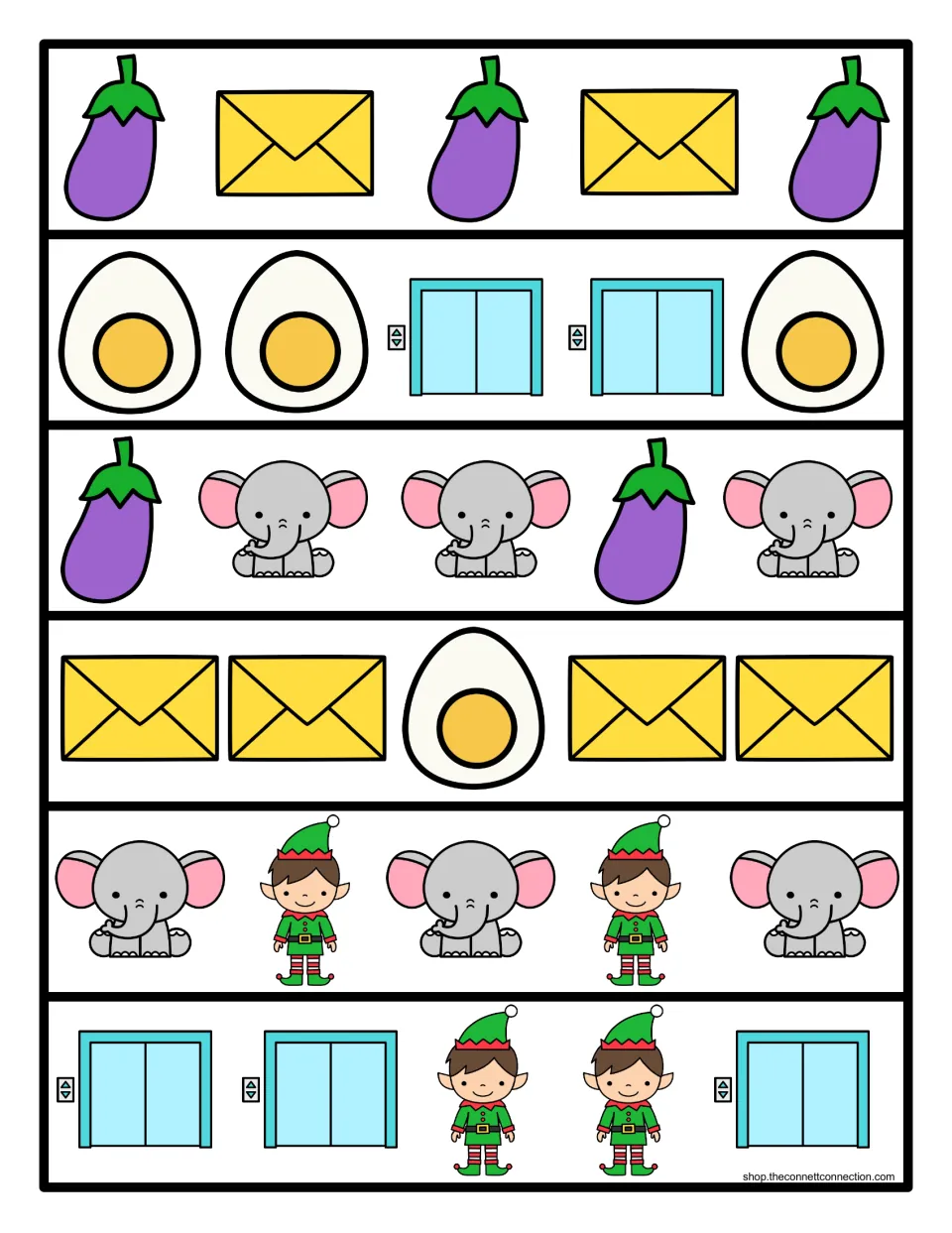 Color pattern strips of eggplants, envelopes, eggs, elevators, elephants and elves arranged in six repeating sequences