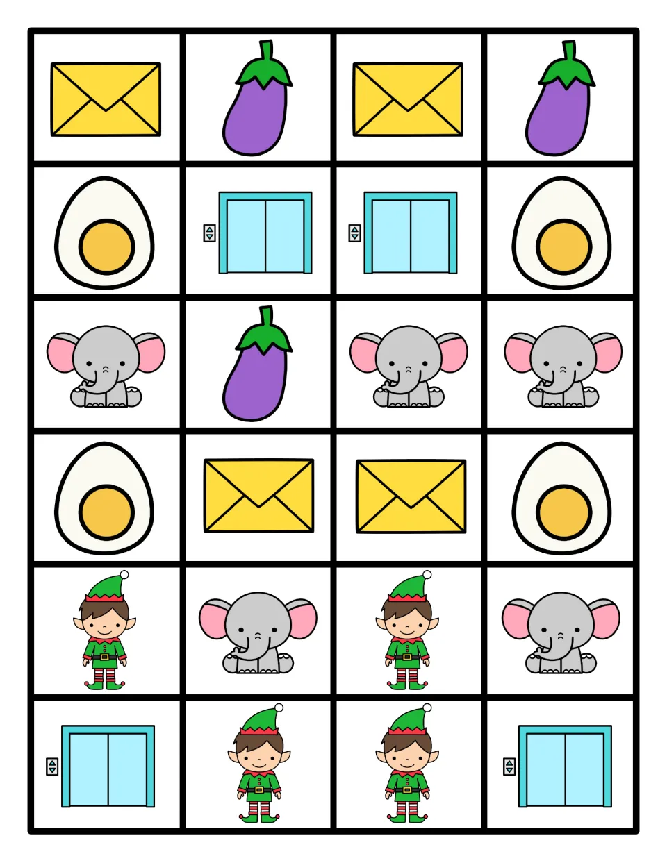 Picture cards of an egg, elf, elephant, envelope, eggplant and elevator for building and extending E patterns