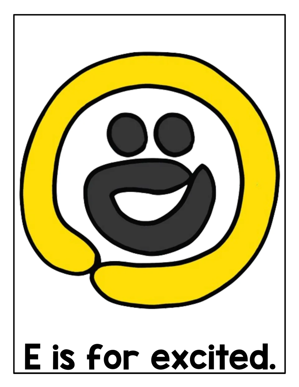 E is for excited: students press playdough onto a yellow ring, two eyes and an open smiling mouth of an excited face