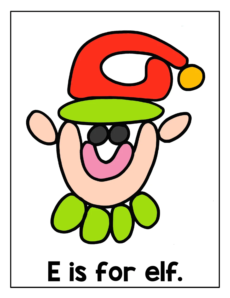 E is for elf: students fill an elf's red hat with yellow pom-pom, ears, smiling face and green collar with playdough