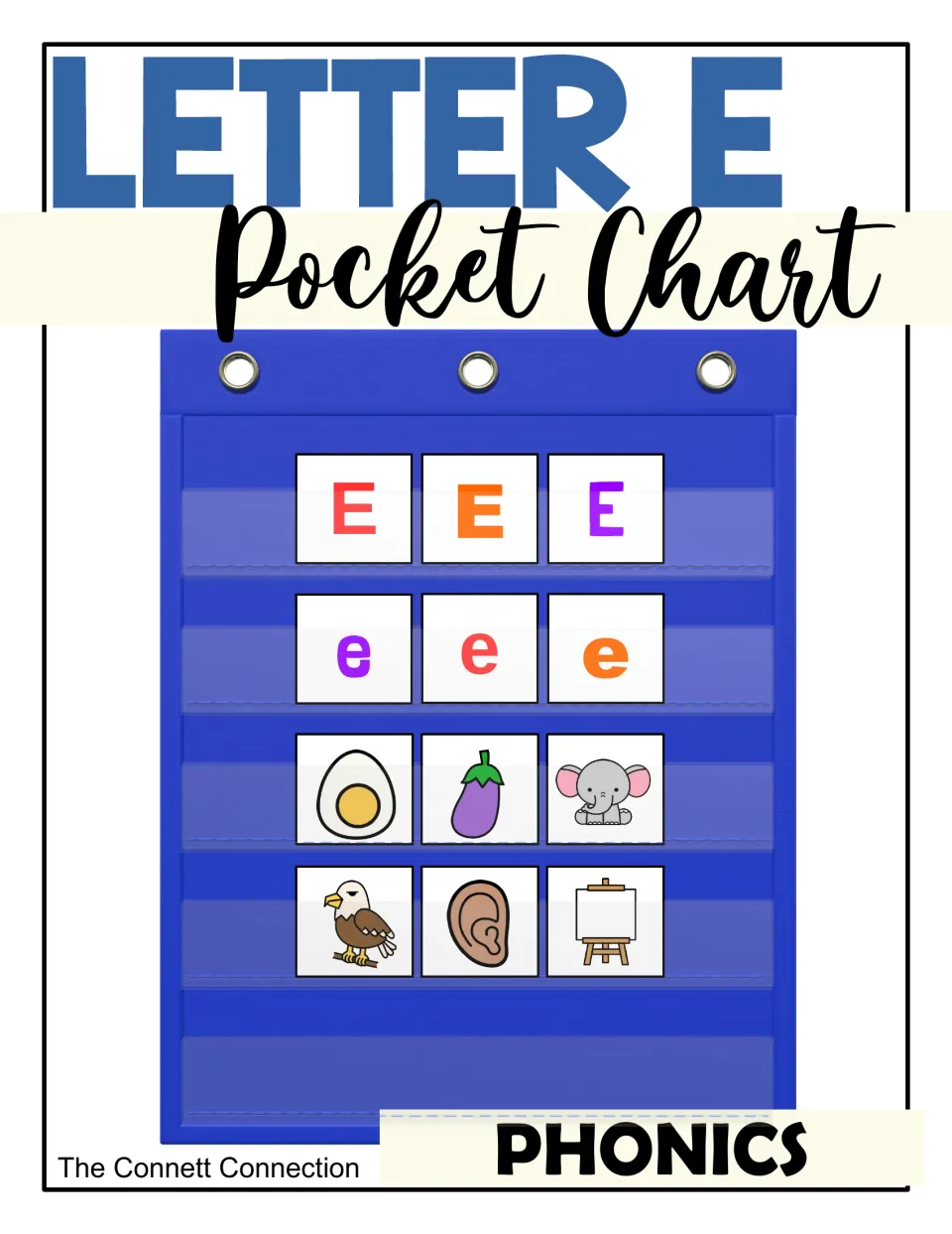 Letter E Pocket Chart phonics cover showing E and e letter cards above picture cards of egg, eggplant, elephant and eagle