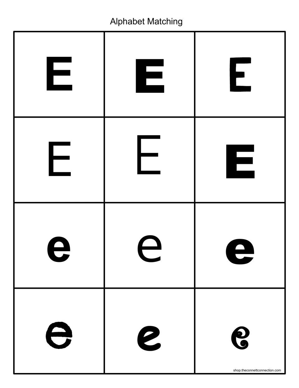 Alphabet matching cards in black: six uppercase E and six lowercase e in different fonts for sorting by letter case