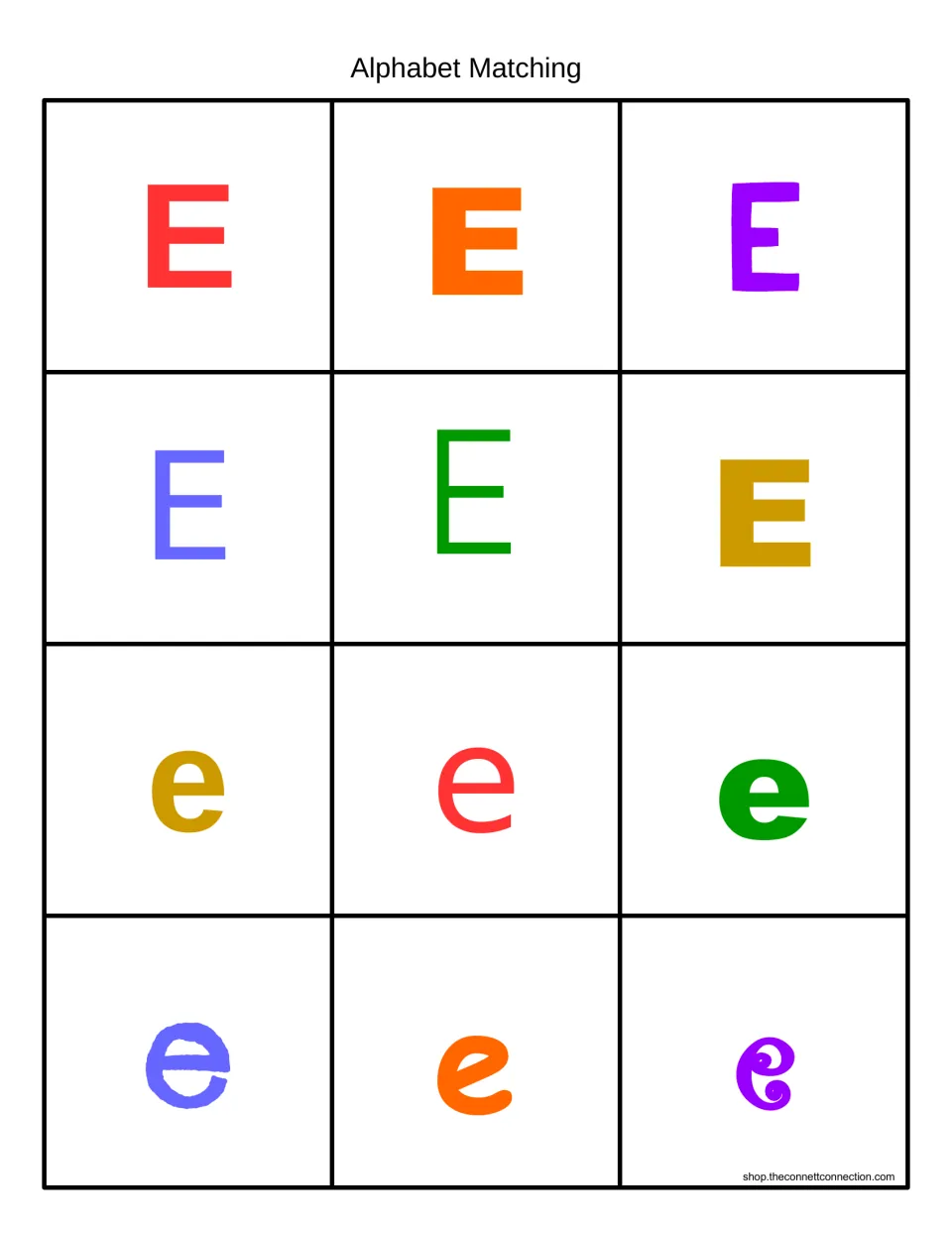 Alphabet matching cards in color: six uppercase E and six lowercase e in varied fonts to match and sort by letter case