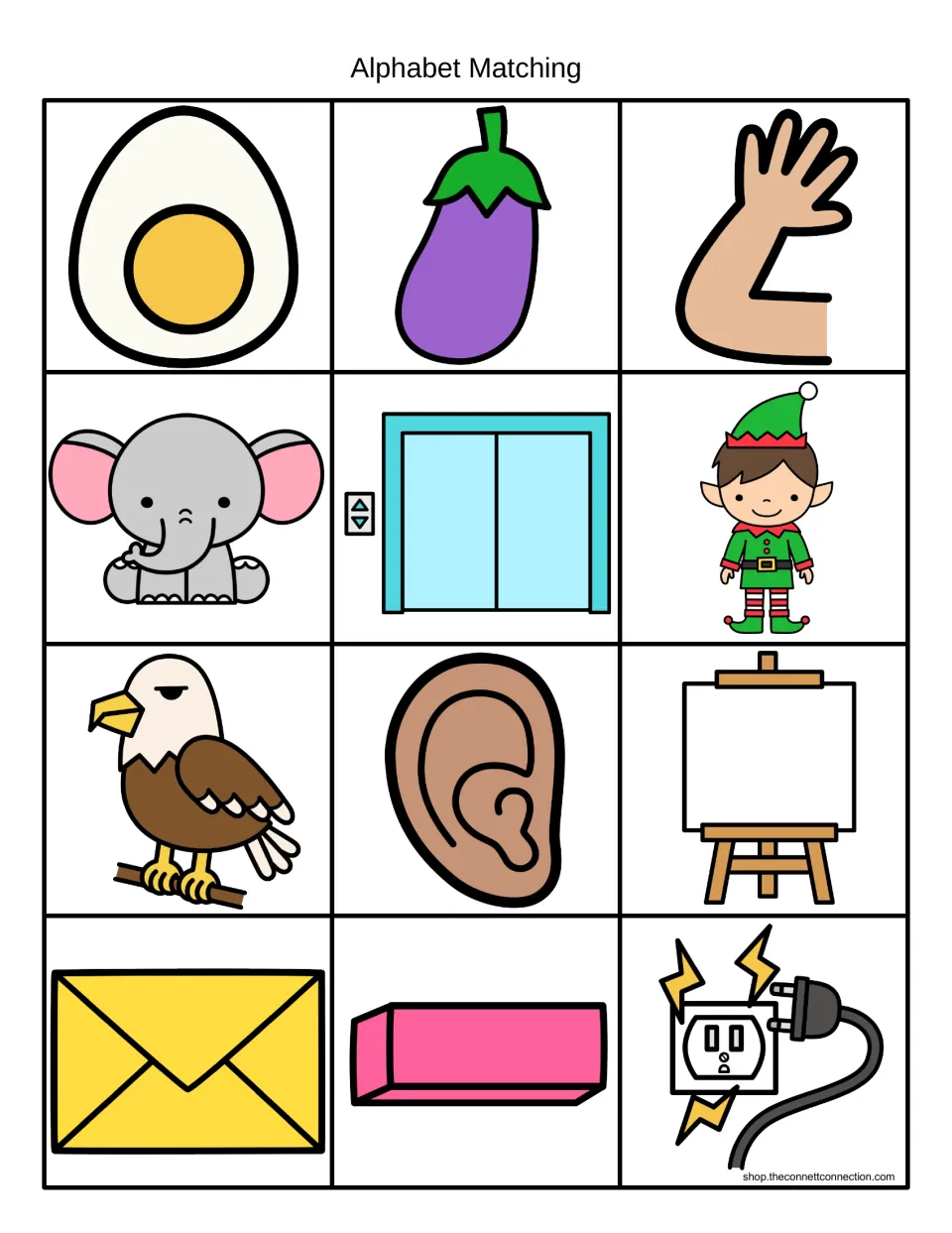 Alphabet matching picture cards for beginning sound e: egg, eggplant, elbow, elephant, elf, eagle, ear, easel and envelope
