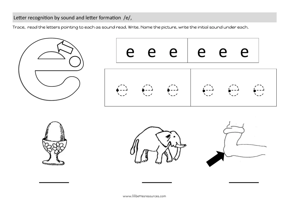 Letter e sound and formation: students trace e, then write the initial sound under an egg, elephant and elbow