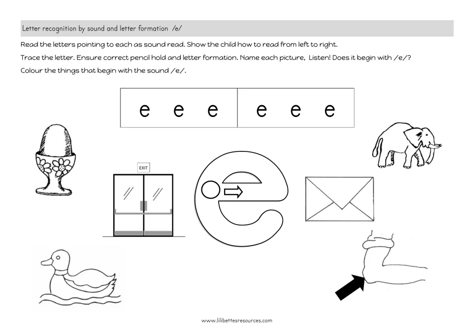 Beginning sound /e/: students trace e, name each picture and colour those starting with /e/, like egg and elephant