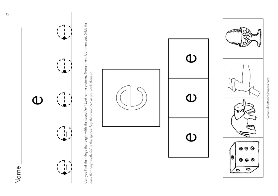 Initial sound /e/ sort: students trace e, cut out egg, elbow, elephant and dice pictures and glue the /e/ ones in spaces