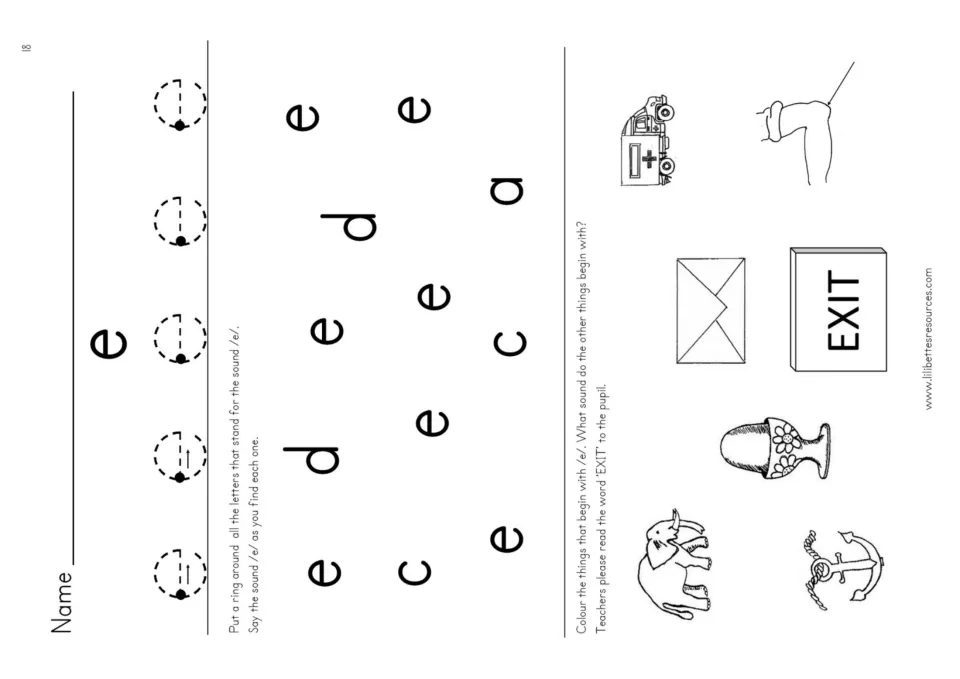 Letter e hunt: students ring every e among mixed c, d and a letters, then colour pictures beginning with /e/