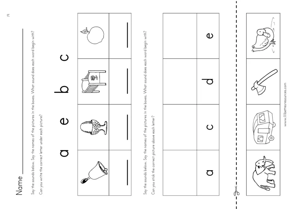 Initial sounds a to e: students write the starting letter below each picture, then cut out images to glue above a, c, d, e