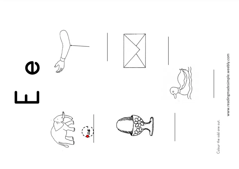 Odd one out for /e/: students colour the picture not starting with /e/ among elbow, envelope, duck, elephant, egg
