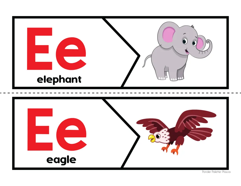 Letter E beginning sound puzzles: students cut apart and match each Ee letter half to its elephant or eagle picture