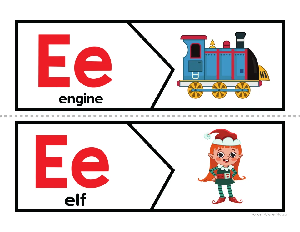 Short e beginning sound practice: students match Ee letter pieces to the engine and elf picture halves and read each word