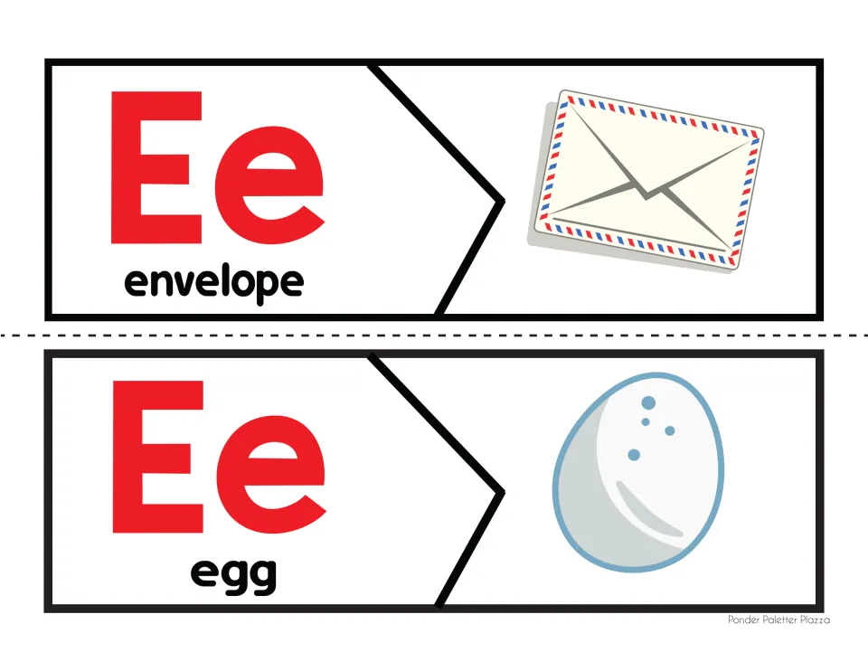 Letter E sound puzzles: children fit the envelope and egg pictures onto the Ee letter halves labeled with each word