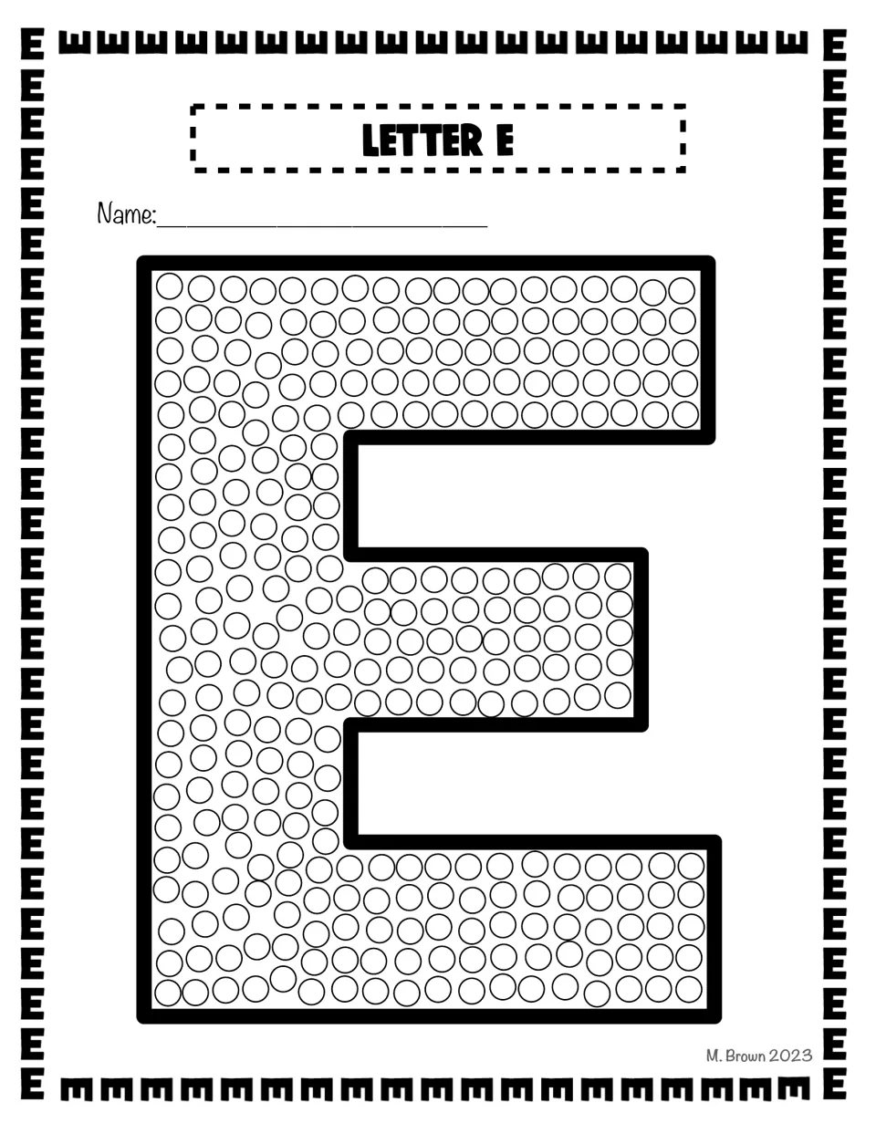 Bubble capital E filled with small circles: students dab a Q-tip or finger in each circle to trace the shape of the letter