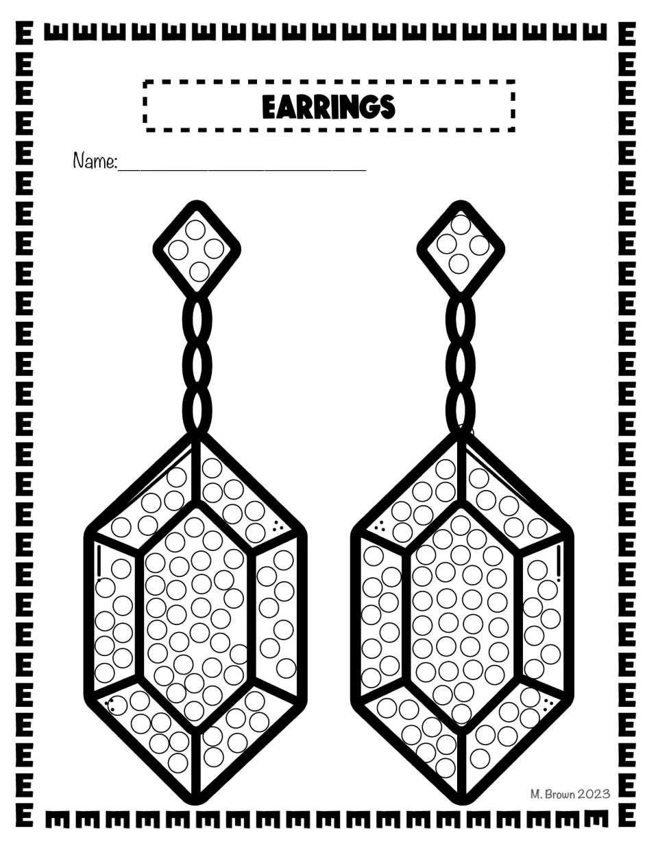 Earrings: two dangling gems on chains drawn with circles to dot, linking the beginning E sound to a picture