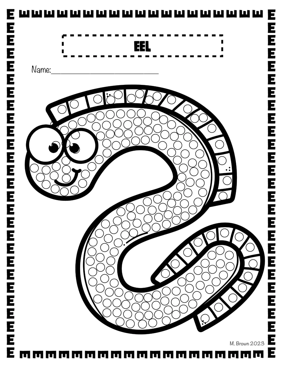 Eel: a smiling, wavy eel with big eyes and a striped fin, its body covered in circles for students to dot one at a time