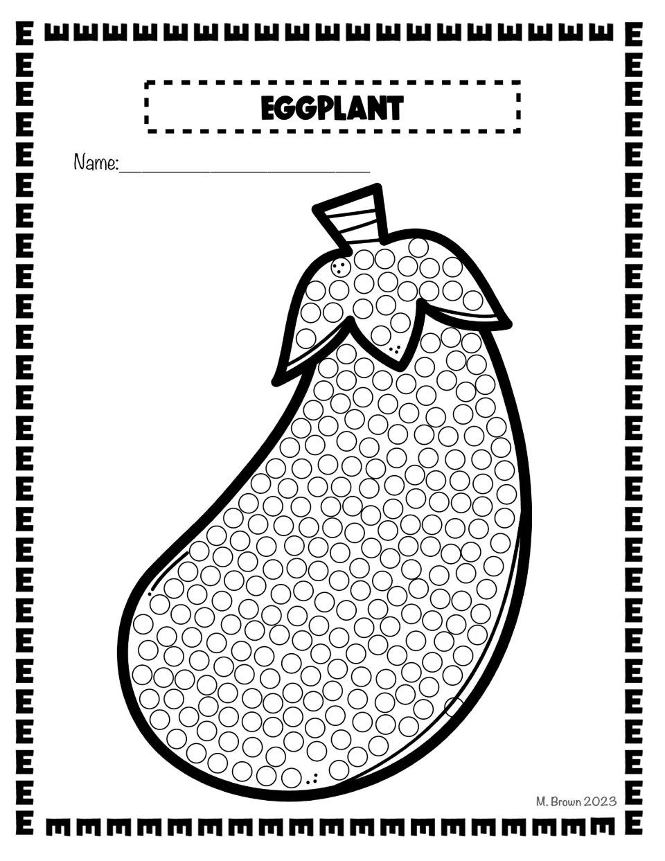 Eggplant: a large eggplant with a leafy cap and stem, covered in circles that students fill with dabs of paint