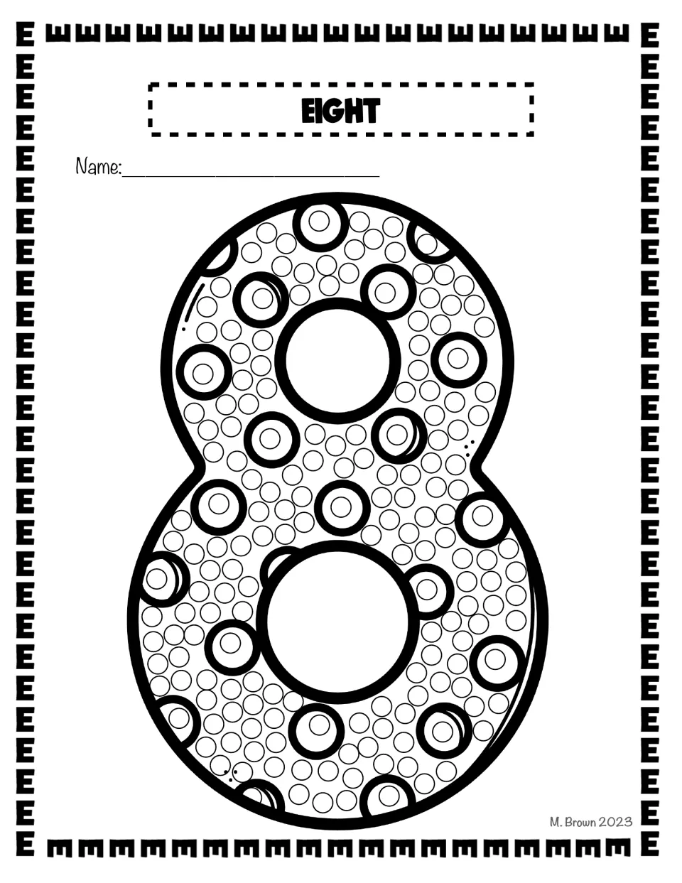 Eight: a bubble numeral 8 with large and small circles to dab, tying the E word eight to number recognition practice