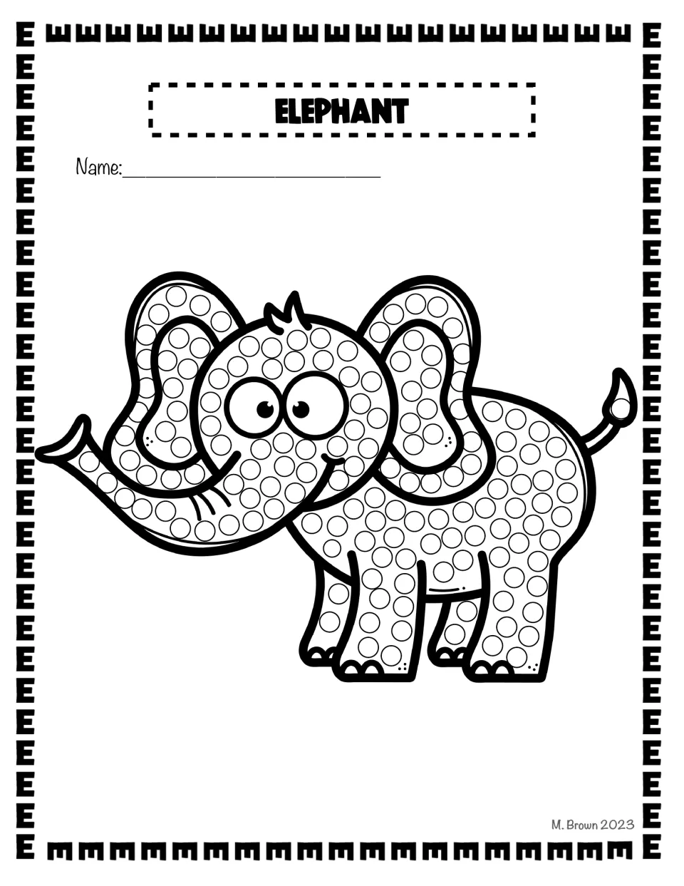 Elephant: a smiling cartoon elephant with big ears, trunk and tail, its body dotted with circles for students to fill in