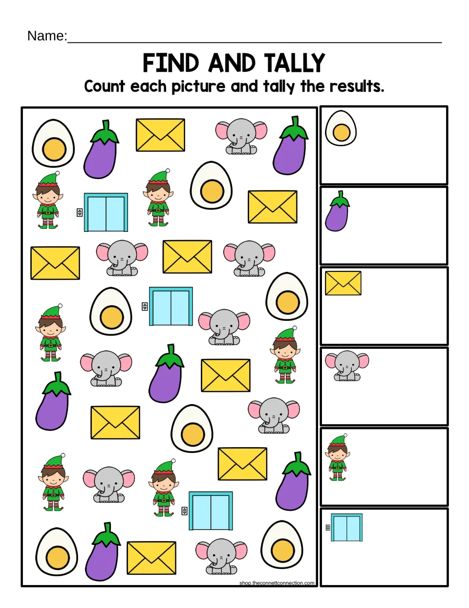 Letter E find and tally in color: students count eggs, eggplants, envelopes, elephants, elves and elevators, tallying each