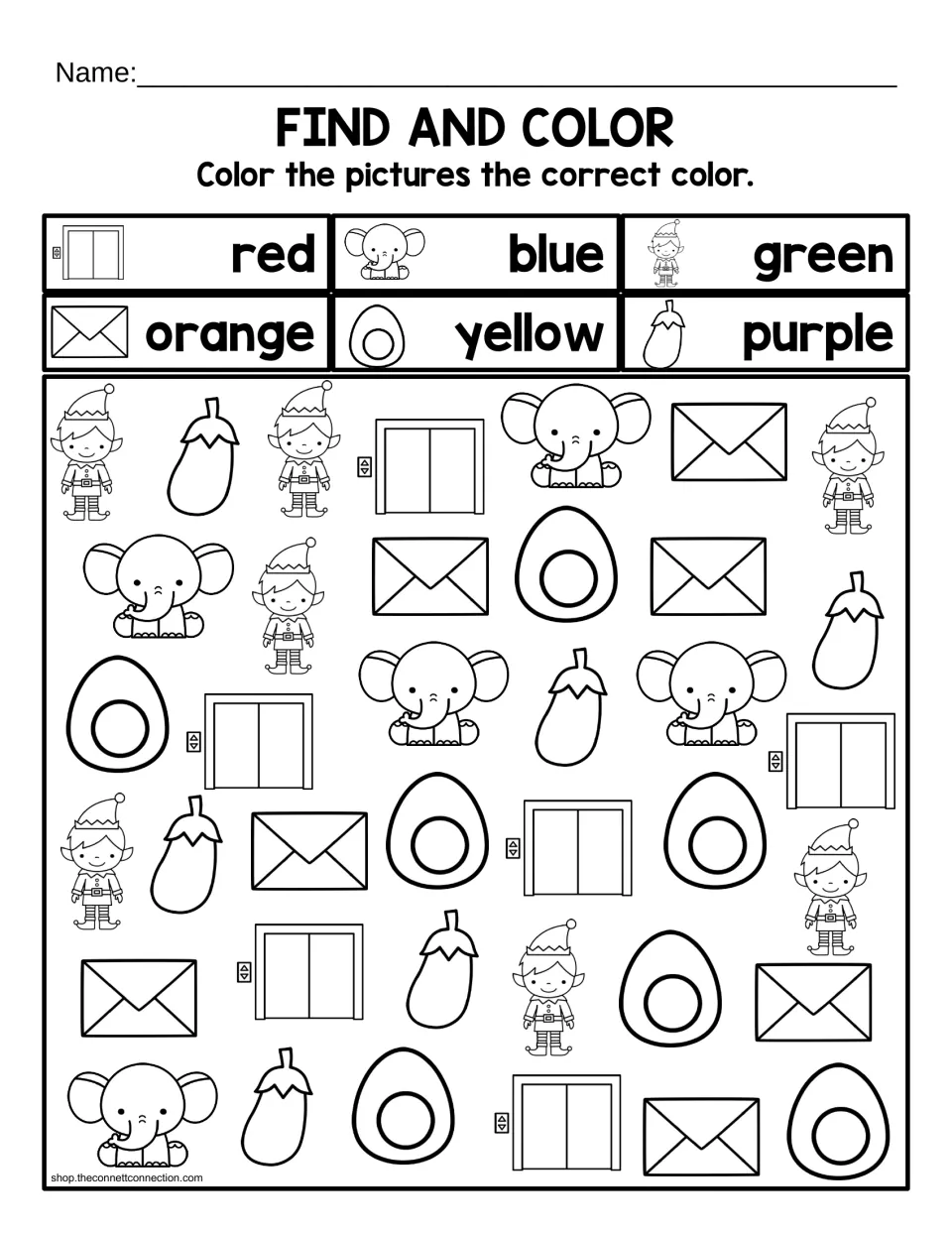 Letter E find and color: students color each E picture by its key, such as elephants blue, elves green and eggs yellow