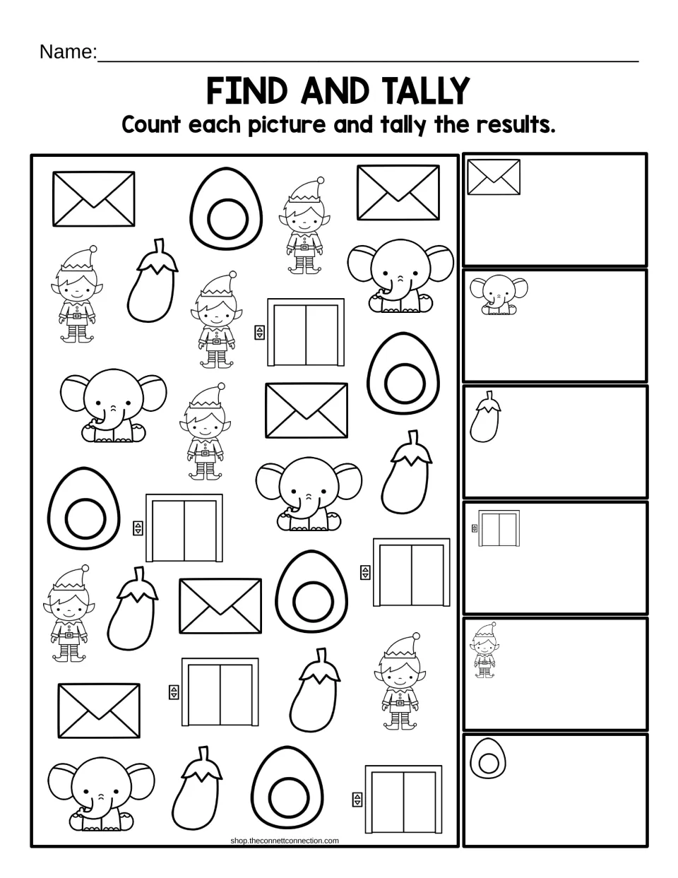 Letter E tally in black and white: students find envelopes, elephants, eggplants, elevators, elves and eggs, then tally