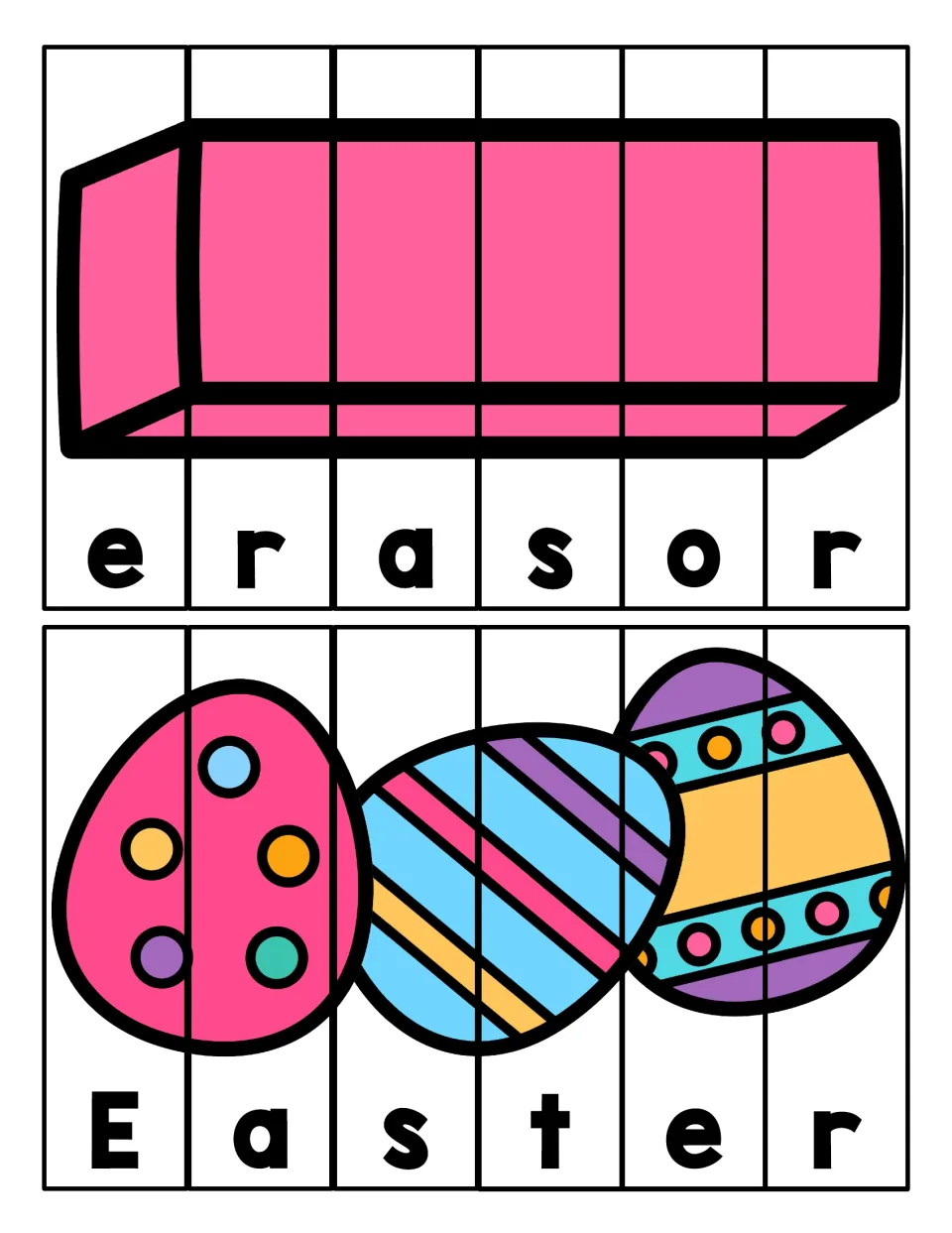 Letter e word puzzles: students cut apart a pink eraser and three Easter eggs, then order letter strips to spell each word