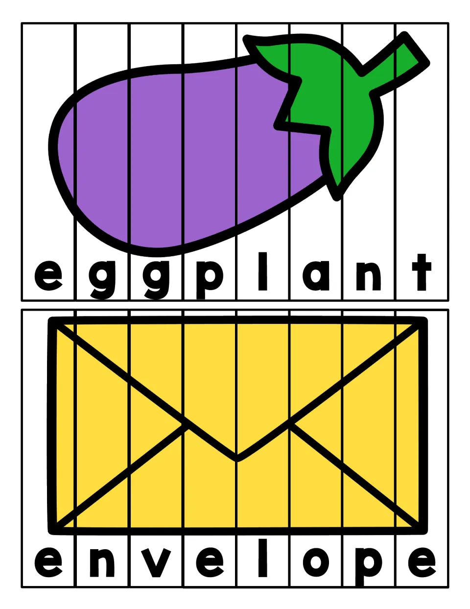 Letter e spelling: students rebuild an eggplant and a yellow envelope by putting 8 letter strips in order to spell both words