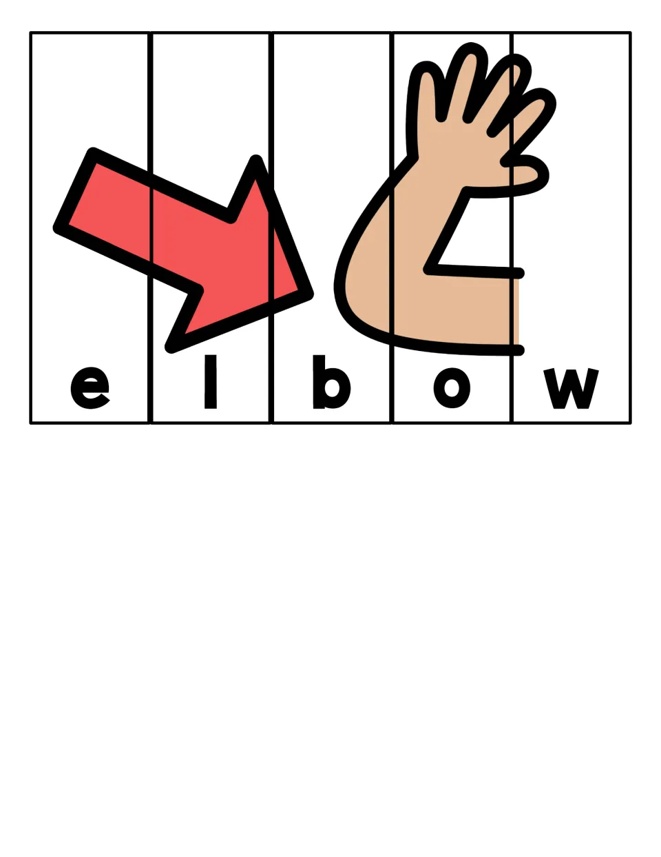 Short e-word puzzle: students order 5 letter strips to spell elbow and complete a picture of an arm with a red arrow
