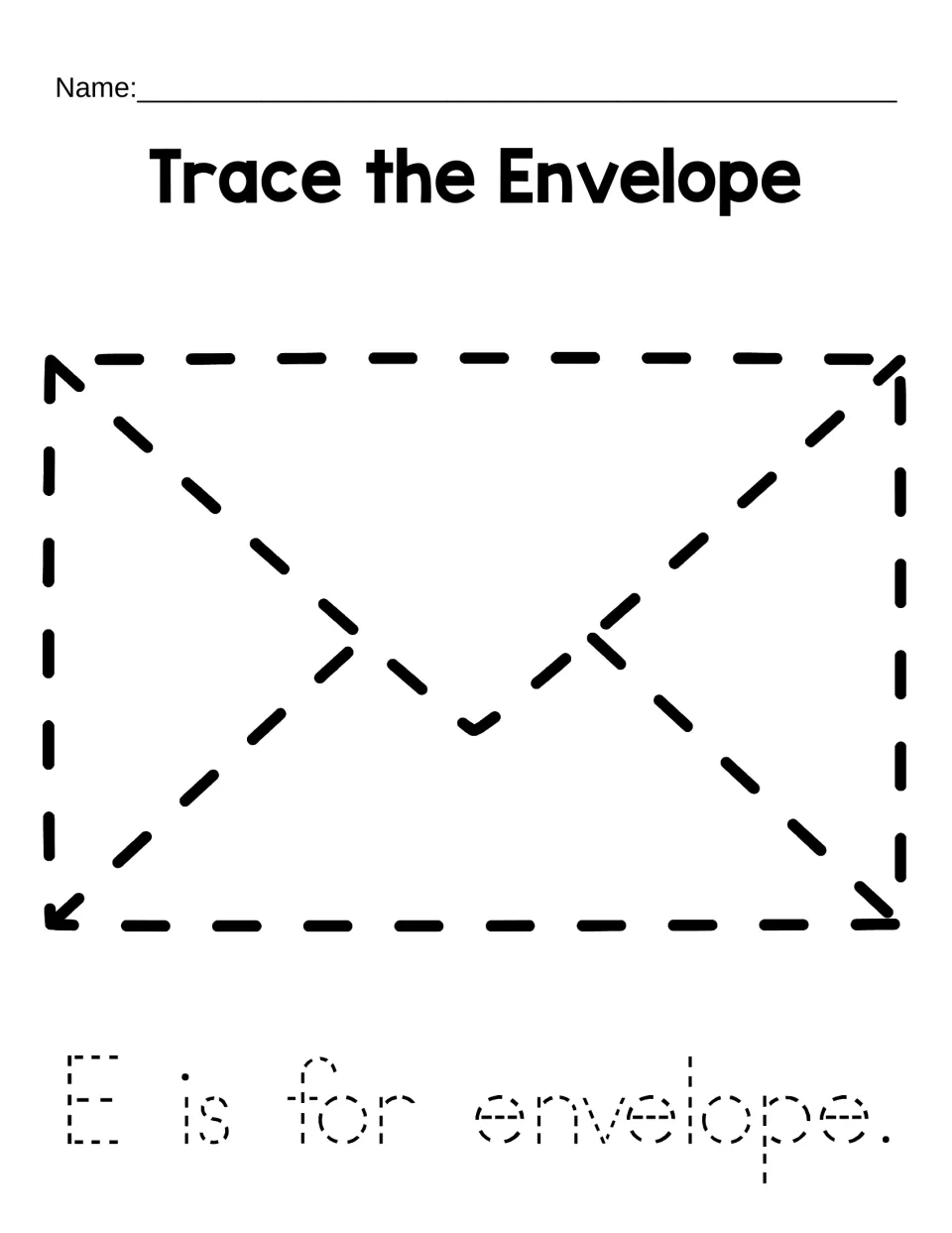 Trace the Envelope: students trace a dotted envelope drawing, then trace the sentence "E is for envelope." for letter E