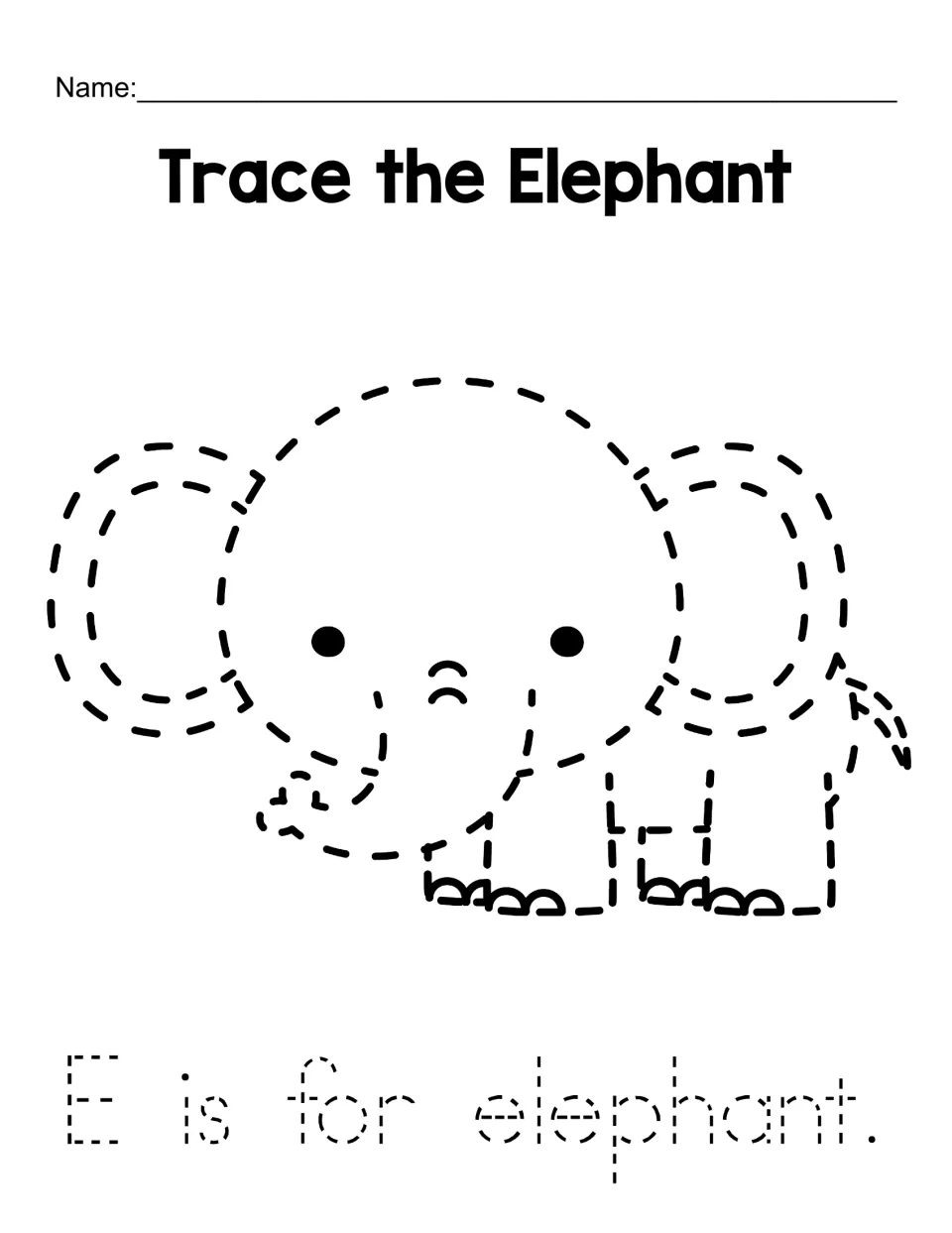 Trace the Elephant: students trace a dotted cartoon elephant with big ears and trunk, then trace "E is for elephant."