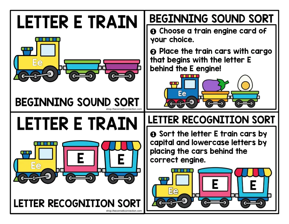 Letter E train title and direction cards: sort cargo cars by beginning sound E, and sort capital and lowercase E cars