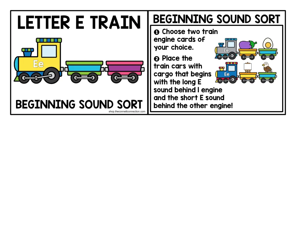 Long and short E sound sort cards: students place cargo cars behind two engines, one for long E and one for short E
