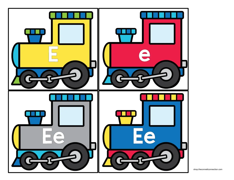Engine cards to cut out: yellow engine labeled capital E, red engine labeled lowercase e, plus gray and blue Ee engines
