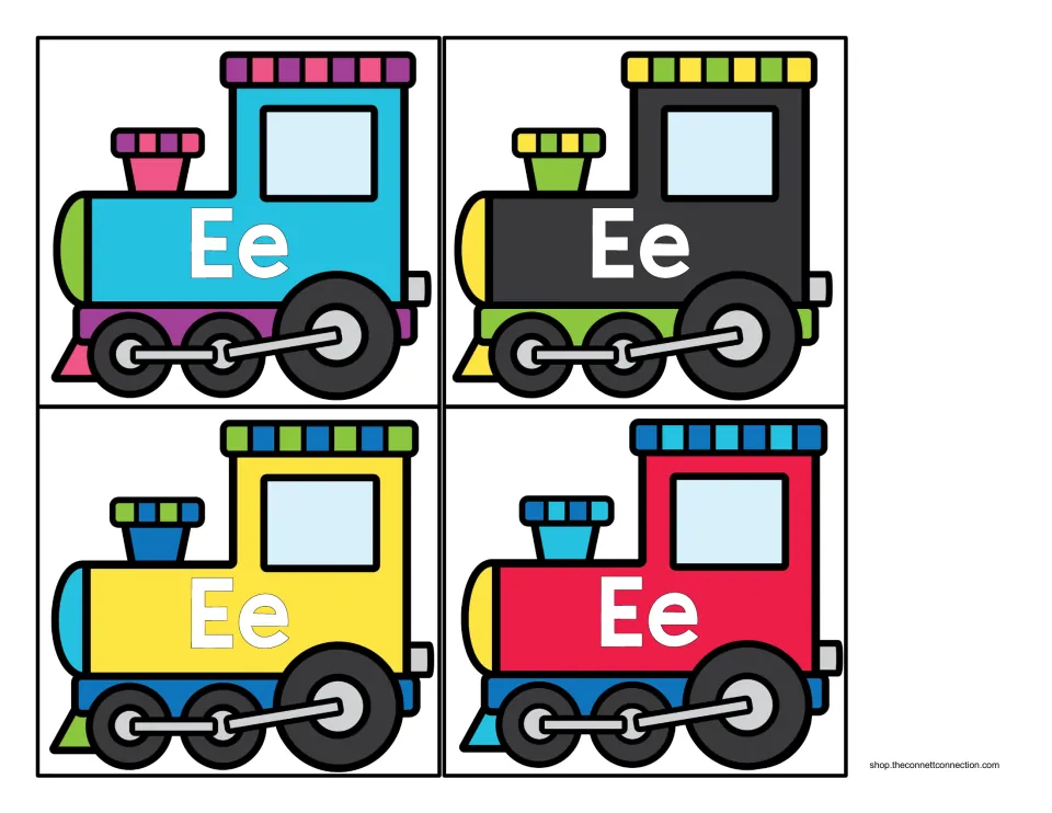 Four more engine cards labeled Ee in blue, black, yellow and red for students to choose as the lead car in their sort