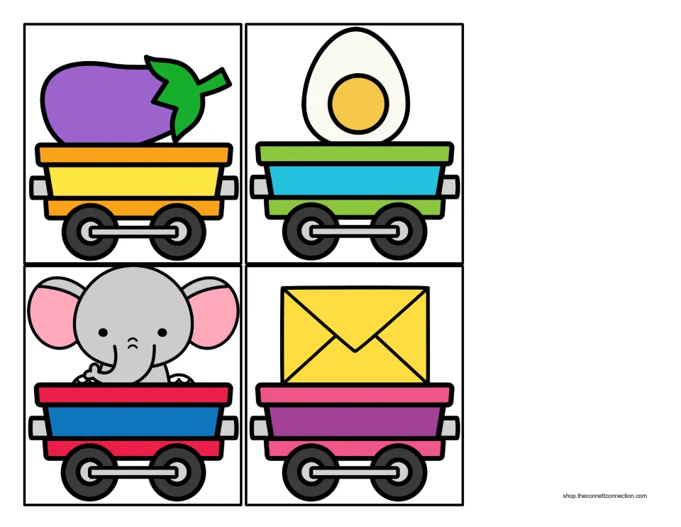 Cargo car picture cards carrying an eggplant, egg, elephant and envelope for sorting by beginning E sound