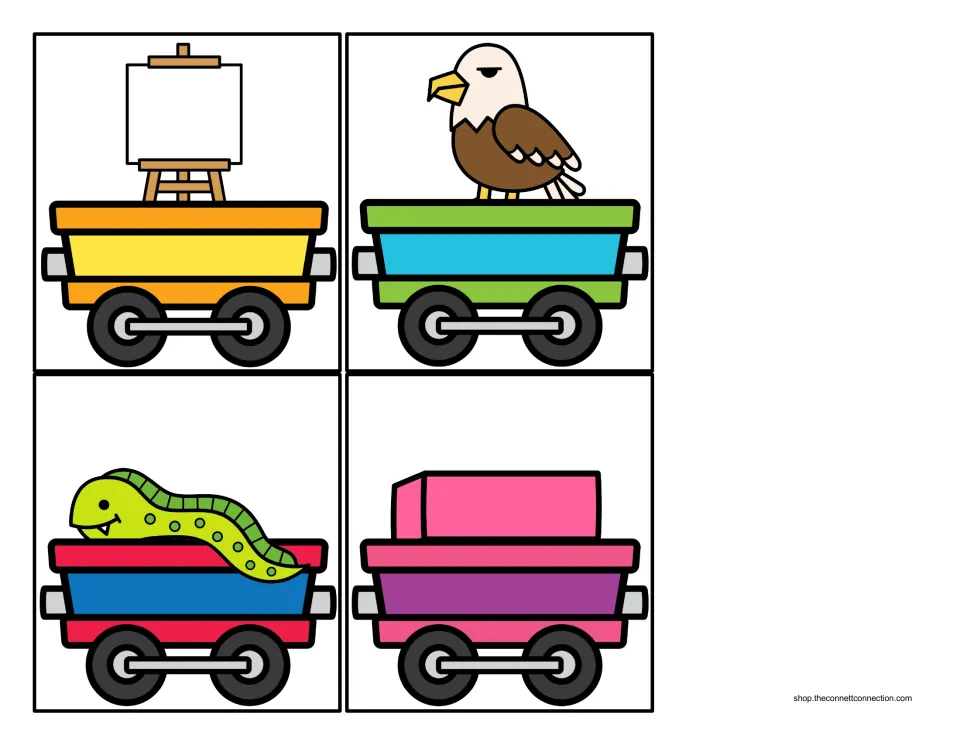 More cargo car picture cards showing an easel, eagle, eel and eraser, for long and short E sound sorting practice