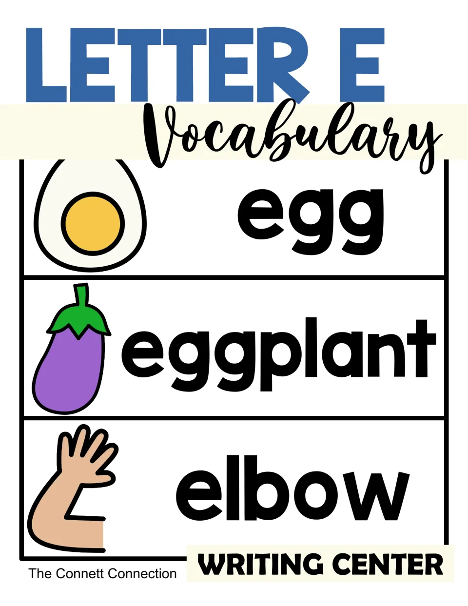 Letter E Vocabulary cover for a writing center, showing picture word cards for egg, eggplant and elbow