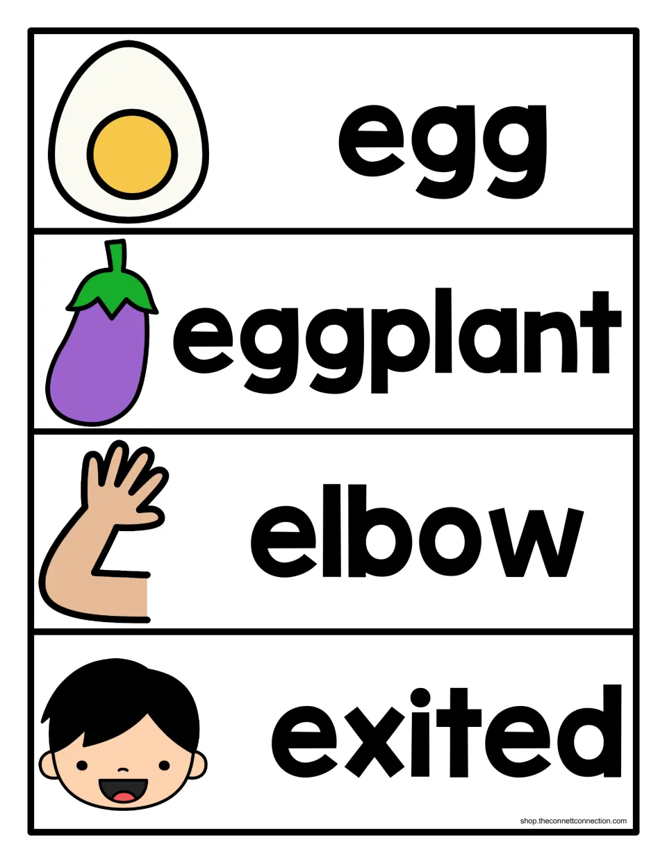 Letter E picture word cards: egg, eggplant, elbow and a smiling boy spelled 'exited', each word beside its picture